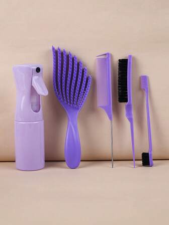 5 件套发刷梳子套装，卷发顺发刷，喷雾瓶，梳理发刷，鼠尾梳，边缘刷，适用于湿发或干发，浓密或细发，轻松梳理卷发以最大程度地减少断裂，男女通用卷发梳（紫色、粉色、黑色）