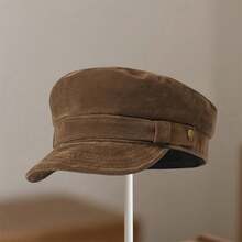 Vintage Octagonal Beret Hat Stylish Metal Buckle Belt Decorated Newsboy Cap Suede Captain Sailor Hat For Outdoor Daily Use - 卡其色 - 查看 5