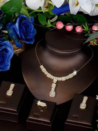 1 set lyxiga smyckeset med kubisk zirkonia, ihåliga fyrkantiga växtdekorationer, lämpliga för kvinnors bröllopskläder