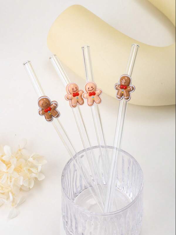 1pc/2pcs Heat-Resistant Glass Straws With Christmas Gingerbread Man Decor, Suitable For Drinking Juice, Coffee, Milk Tea, Cold Drinks In Daily Life And Christmas Parties. The Curved Straw Design With Christmas Gingerbread Man Decoration, Great For School Supplies, Back To School, Gifts For Girlfriend, Boyfriend, Parents, Friends