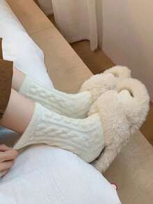 1pair Women's Thick, Soft, Warm Mid-Calf Solid Color Floor Socks For Autumn And Winter - trắng - Xem 6