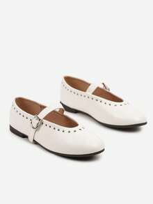 Ballet Flats With A Buckle Strap And Rivet Detailing - White - View 5