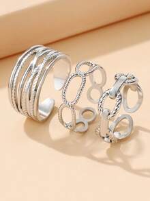 3pcs Vintage Luxurious Asymmetrical Textured Open Ring Set, 18K Gold Plated Stainless Steel Non-Fading Accessories For Women Daily Wear - Silver - View 12
