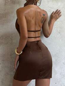 Vestido de verano Onicee, vestido de fiesta elegante de cuello alto, espalda descubierta y unicolor de satén, adecuado para el Día de San Valentín, citas, reuniones, fiestas, viajes, vacaciones, playa y otras ocasiones - Marrón - Ver 5