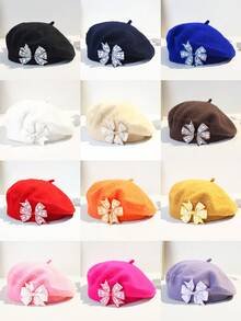 1 件女士彩色蝴蝶结花朵羊毛纯色贝雷帽，休闲百搭