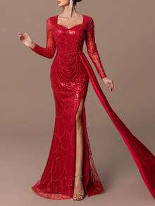 女士奢华美人鱼晚礼服，饰有精致亮片和珠饰，高开衩，长袖 - 非常适合婚礼、红毯活动、晚宴和庆典派对圣诞配套服装 - 紅色 - 查看 1