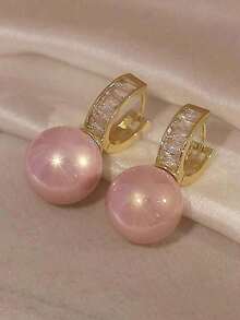 1pair Fashionable Pink Bead Decor Hoop Earrings Women Party - Hồng - Xem 4