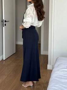 2pcs/Set Elegant Minimalist Business Commute Fashion Long Sleeve Shirt & Mermaid Skirt Outfit With Tie, Office Wear, Autumn/Winter, Tie Included