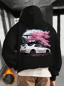 CHICLY19  Japanese Cherry Blossom & JDM Car Graphic Hoodie, Unisex Casual Oversized Pullover Hooded Sweatshirt, Retro Racing Car & Torii Gate Print Top, Cozy Fleece Lined, Perfect For Car Enthusiasts, Streetwear Fans, Casual Outings & Lounging, Ideal Gift For JDM Lovers, Car Guys & Japanese Culture Fans, Breathable Soft Fabric, White, Plus Size Available - 黑色 - 查看 12