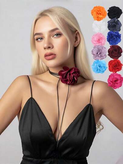 1pc Vintage Floral Choker Necklace, Gothic Style Big Rose Neck Chain, Long Leather Collar Flower Necklace Accessory For Women, Bridal Party Jewelry