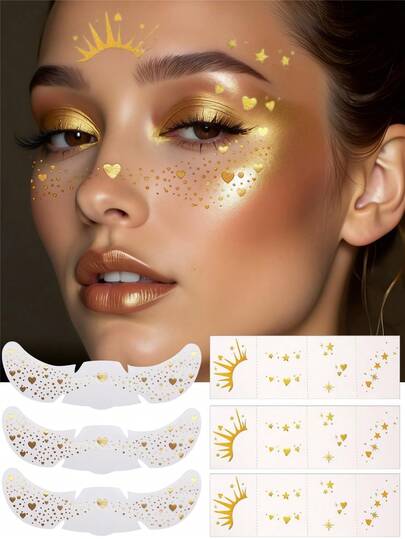 6张金色闪光雀斑脸部纹身贴纸，带星星和爱心，闪亮雀斑闪光临时纹身，适用于锐舞派对、音乐节、女性化妆配饰、音乐会、舞会等场合。