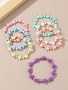 7pcs Colorful Acrylic 5-Petal Flower, Heart, Star Beaded Stretch Bracelet Set, Random Color, Suitable For Girls Daily Wear