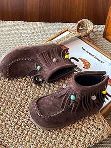 1 Pair Autumn/Winter New Retro Suede Children Boots, Girls Korean Version Tassel Short Boots With Back Zipper, Princess Shoes