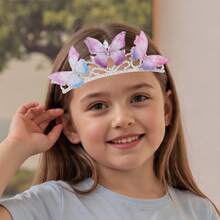 Diadema de corona para niñas, diadema con mariposa y brillantes diamantes de imitación, accesorio para el cabello, ideal para fiestas. - Plateado - Ver 5