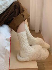 1pair Women's Thick, Soft, Warm Mid-Calf Solid Color Floor Socks For Autumn And Winter - trắng - Xem 7