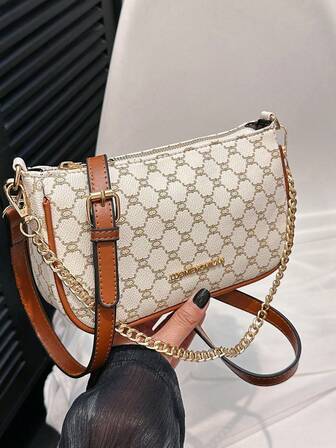 Lightweight,Business Casual Letter Graphic Baguette Bag Zipper Chain Elegant PU For Teen Girls Women College Students,Rookies & White-Collar Workers Perfect For Office,College,Work ,Business,Commute,Outdoors, Travel, Outings,Shoulder Bag, Crossbody Bag, Women Bag, Wallet