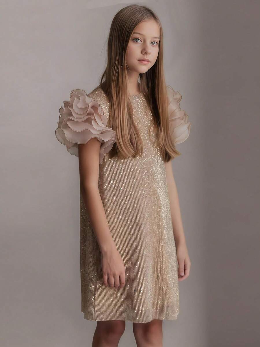 Tween Girl Gold Sequin Petal Sleeve Christmas Party Girl Elegant Dress, Princess Dress Suitable For Girl's Birthday Party, Banquet, Evening Gala, Wedding Flower Girl & Bridesmaid Dress, Thanksgiving Day Graduation Dress