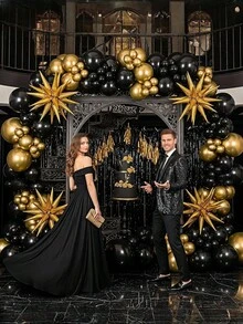 121 pièces/set Kit d'arche de guirlande de ballons noirs et dorés, ballons confettis noirs et dorés avec étoiles, pour la décoration de fête du Nouvel An, d'anniversaire, de mariage