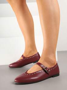 Ballet Flats With A Buckle Strap And Rivet Detailing - Burgundy - View 2