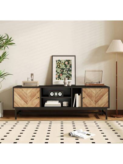 150cm TV St Contrasting Zwart Wood Versatile Storage Space, Including Cabinets, Horizontal Vertical Compartments, Moderne Minimalist view 3