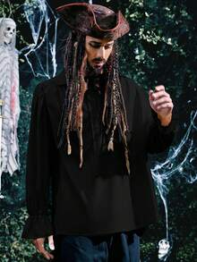 男士长袖万圣节海盗服装中世纪褶皱衬衫，蒸汽朋克维多利亚时代角色扮演，哥特文艺复兴维京衬衫上衣 - 黑色 - 查看 2