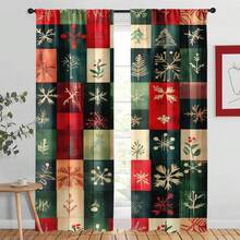 2pcs Patchwork Christmas Pattern Curtains, Retro Design Light - Filtering Polyester Curtains For Christmas Home Windows, Rod Pocket Curtains For Living Room & Bedroom Decor