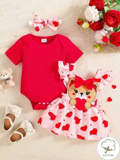 Baby Girls Cute Sweet Pink Ribbed Romper & Rabbit Allover Print Ruffle Strap Jumpsuit Dress With Rabbit Decor Straps And Bow Headband, Summer Outfit
