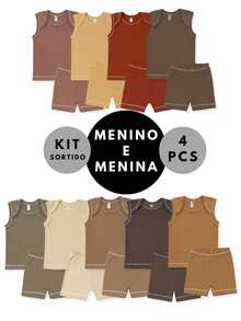KIT 2 Conjunto Verão Bebê Menino Menina Unissex 4 Peças em Algodão Respirável Verão Fresquinho (2 Regatas + 2 Mijões/Shorts) Sortidos PREMIUM