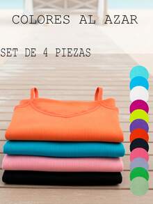Kit de 4 camisetas de tirantes finos para mujer, multicolor, clásicas y casuales, tela de nailon y elastano, aptas para temporadas de primavera y verano. Textura acanalada. Diseño ajustado, muy cómodo y ligero. Cuello en "V" y espalda descubierta. Pequeño y delicado encaje sobre el busto. Te llegarán 4 camisetas de tirantes en colores al azar. - Multicolor - Ver 2