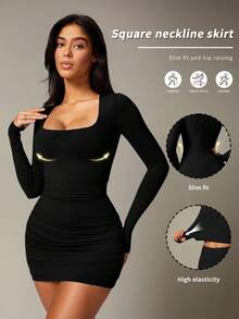 Vestă sport cu mânecă lungă, croială Slim Fit, cu guler pătrat, culoare solidă, pentru femei, toamnă și iarnă