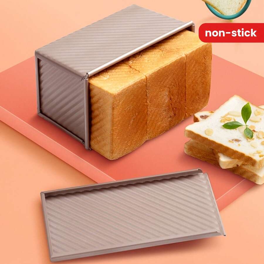 1pc 22 X 12 X 11cm Gold Non-Stick Bread Toast Loaf Pan, Kitchen Bakeware, Rectangular Bread Baking Tray With Wavy Lid And Vent Holes, Household Baking Tool