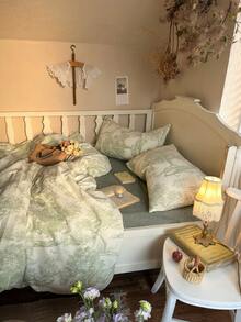 4 piezas Juego de ropa de cama floral vintage, ropa de cama suave y cómoda para el dormitorio, patrón verde lindo de flores y plantas, transpirable y suave para todas las estaciones, incluye 1 funda nórdica, 1 sábana plana, 2 fundas de almohada, sin relleno, adecuado para dormitorio, dormitorio, uso doméstico, disponible en varios tamaños