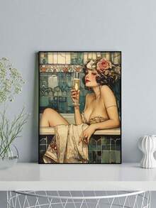 1 pièce Chic Impression sur canevas d'une dame des années 1920 dans une baignoire avec du champagne, parfait pour la décoration de la salle de bain, du salon, de la chambre, du café, du bureau - Idée de cadeau pour une fashionista, Matériau : canevas, Sans cadre.