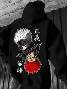 Men's Japanese Anime Manga Graphic Hooded Sweatshirt - White & Red Two-Piece Character Design With Japanese Text & Geometric Print, Regular Fit Pullover, Machine Washable Streetwear For Autumn Winter, Black Base With White & Red Accents - Casual Anime Fan Apparel, Long Sleeve Hoodie With Japanese Manga-Inspired Artwork, Relaxed Fit For Casual Attire, Suitable For All Seasons, Anime Hoodie,Fall Hoodies,Men's Fall Clothes,Street Wear,Halloween,Mens Hoodies,Y2k Clothes,Jesus Hoodie,Thanksgiving Day,Nightmare Before Christmas,Christmas - Black - View 1