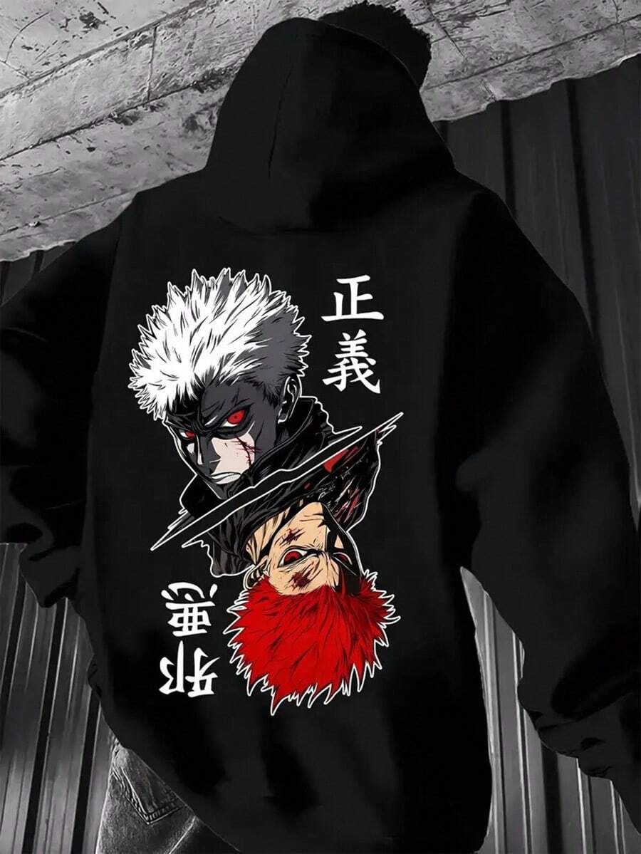 Men's Japanese Anime Manga Graphic Hooded Sweatshirt - White & Red Two-Piece Character Design With Japanese Text & Geometric Print, Regular Fit Pullover, Machine Washable Streetwear For Autumn Winter, Black Base With White & Red Accents - Casual Anime Fan Apparel, Long Sleeve Hoodie With Japanese Manga-Inspired Artwork, Relaxed Fit For Casual Attire, Suitable For All Seasons, Anime Hoodie,Fall Hoodies,Men's Fall Clothes,Street Wear,Halloween,Mens Hoodies,Y2k Clothes,Jesus Hoodie,Thanksgiving Day,Nightmare Before Christmas,Christmas - Black - View 1