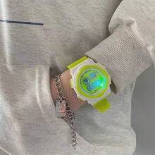 1pc Round White & Sky Blue Contrast Color Soft Plastic Strap Men's Watch, With Week Alarm Date Chronograph Luminous Digital Electronic Watch Suitable For Casual, Campus Life And Light Sports