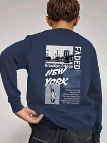 Tween Boy 图案印花圆领长袖 T 恤，秋冬上衣 - 藏蓝色 - 查看 6