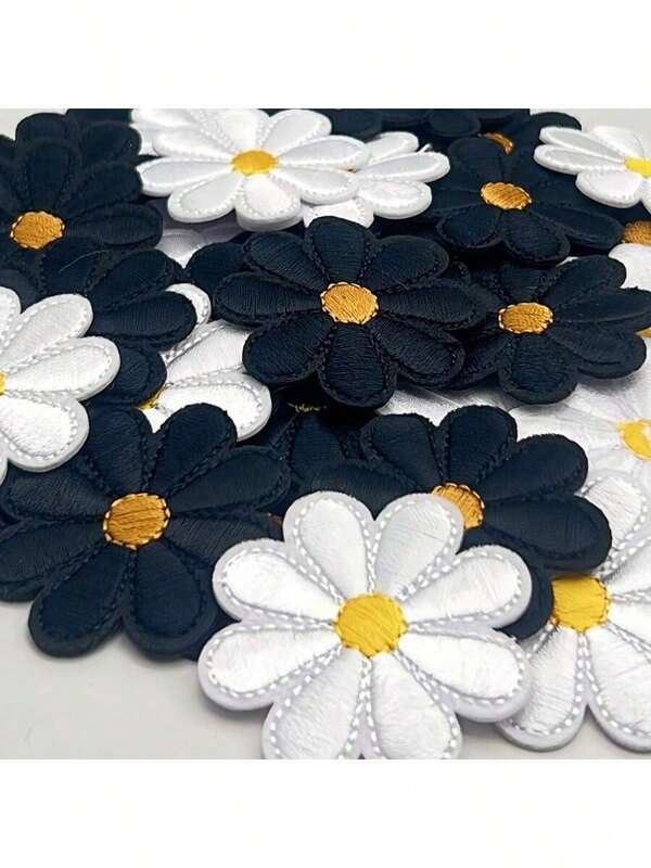 10pcs Black & White Daisy Embroidery Patches, DIY Clothing, Bags, T-Shirts