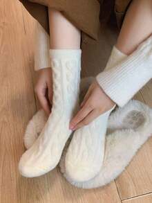 1pair Women's Thick, Soft, Warm Mid-Calf Solid Color Floor Socks For Autumn And Winter - trắng - Xem 3