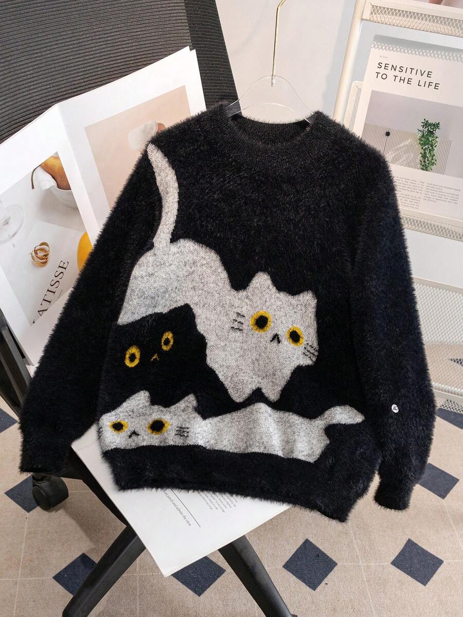 Girls' Cute Cat Pattern Faux Fur Knit Pullover Sweater, Suitable For Casual Everyday Wear, Spring/Autumn/Winter - Black - View 1