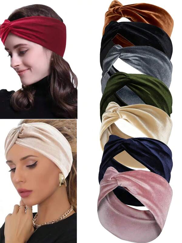 1pc Solid Color Velvet Cross Stretch Headbands For Women Girls Wide Warm Hair Bands Turban Bandage Hair Accessories Headwear Winter Scarf Women Bandanas