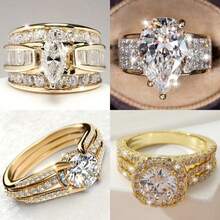 4PCS Set Luxurious Womens Rings Sparkling Fashional Design Rings For Women Engagement Wedding Band Promiss Ring Merry Christmas Valentine's Day Anniversary Gift For Her Gorgeous Jewelry Ring - Vàng - Xem 1