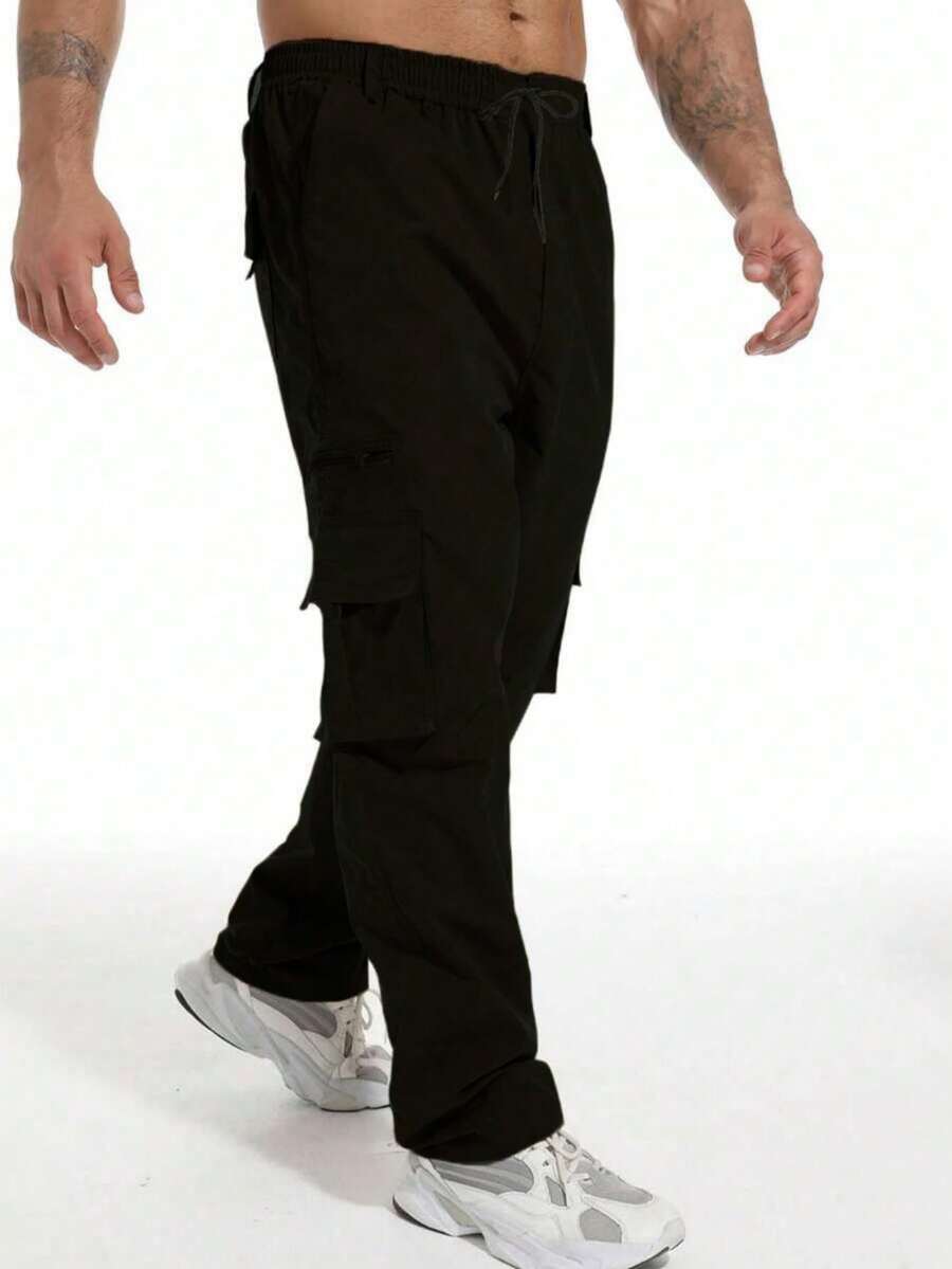 Plus Size Men's Solid Color Front Lace-Up Multi-Pocket Casual Cargo Pants, Daily Wear