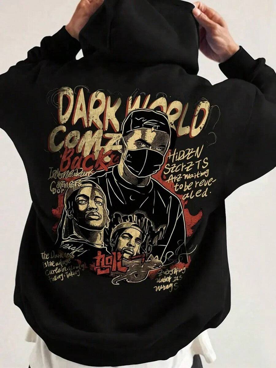 Men'S Vintage Hip-Hop Graphic Hoodie With "Dark World" Design, Long Sleeve Pullover With Side Pockets, Casual Streetwear For Fall/Winter, Outdoor Clothing | Street Style Hoodie | Comfortable Fit, Sweater Hoodie,Fall Hoodies,Men's Fall Clothes,Street Wear,Halloween,Mens Hoodies,Y2k Clothes,Jesus Hoodie,Thanksgiving Day,Nightmare Before Christmas,Christmas - Black - View 1