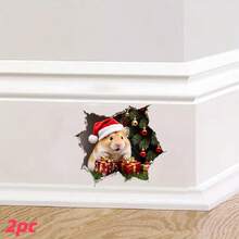 قطعتان من ملصقات الحائط لزينة عيد الميلاد، ملصقات حائط 3D لخنزير كيوت يرتدي قبعة سانتا كلوز، ملصقات عيد الميلاد قابلة للإزالة من البولي فينيل كلورايد ذاتية اللصق لغرفة المعيشة والنوم والمتجر وزينة صندوق هدايا عيد الميلاد
