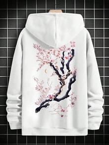 Men's Casual Cherry Blossom Print Hoodie With Pockets, Autumn/Winter  Loose Fit American Retro Sports Casual Street Hip-Hop Printed Drawstring Hoodie Pocket Design Couple Set Unisex - trắng - Xem 3