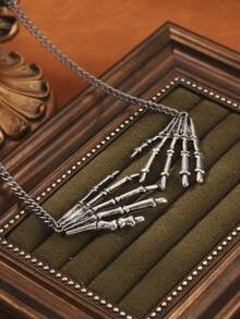 1Pc Gothic Silvery Color Metal Skeleton Hand Pendant Choker Necklace For Women Me N Halloween Accessory