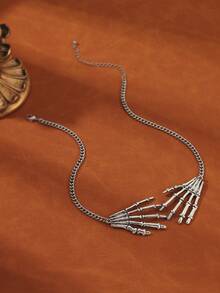 1Pc Gothic Silvery Color Metal Skeleton Hand Pendant Choker Necklace For Women Me N Halloween Accessory