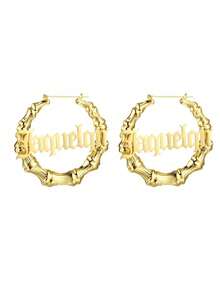 Personalized 70mm Bamboo Hoop Earrings Stainless Steel Gold Name Earrings Jewelry, Y2K Aesthetic - Gold - View 9