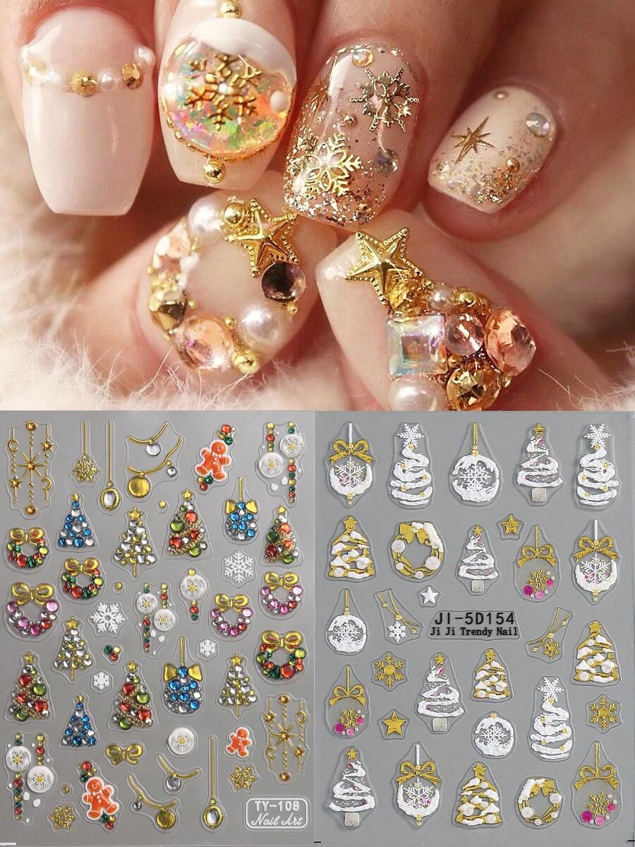 2 miếng dán móng tay nghệ thuật Giáng sinh hình quả cầu pha lê 5D dập nổi, cây thông Noel, bông tuyết, ngôi sao, hình dán tự dính, trang trí móng tay mùa đông. - Nhiều màu - Xem 1
